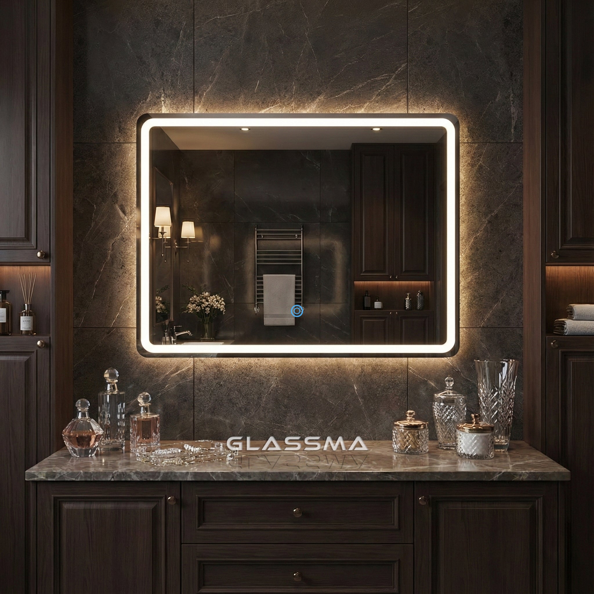 Rectangle LED Wall Mirror - Frameless Backlit Vanity Mirror with Rounded Corners & Touch Sensor Dimmable Lighting